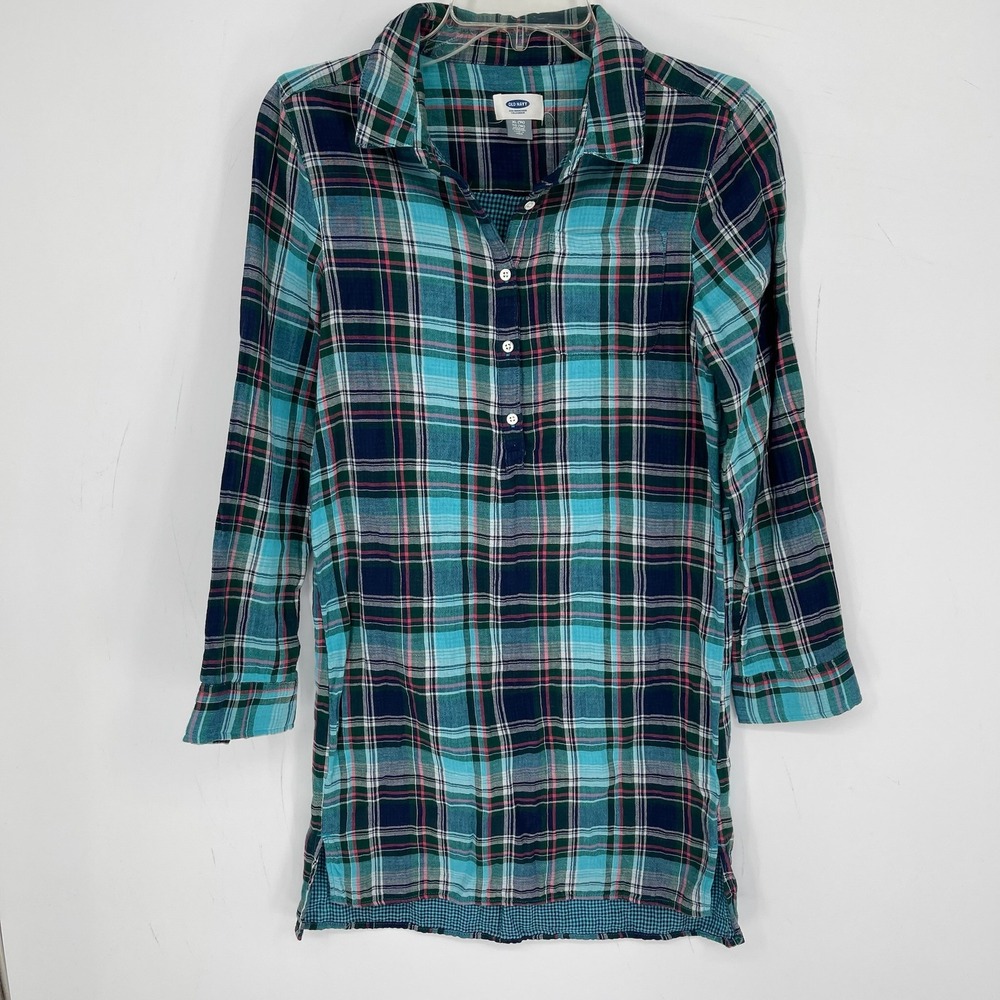 Old Navy Girl's Blue Plaid Long Sleeve Henley Tunic Shirt Dress Size XL 14 Reg